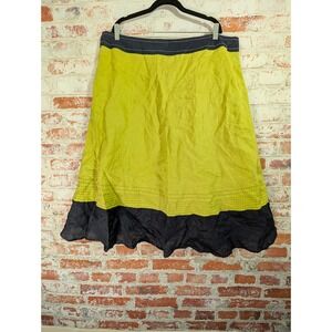 Lino USA Linen A-Line Midi Skirt Womens 3X Green Navy Color Block Stitch Detail‎